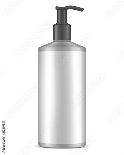 Cosmetic package with empty label, realistic mockup. Blank plastic bottle with pump dispenser, vector mock-up