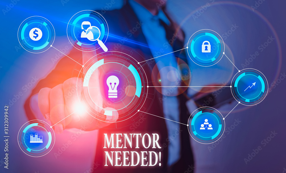 Text sign showing Mentor Needed. Business photo text Employee training under senior assigned act as advisor Woman wear formal work suit presenting presentation using smart device Text sign showing Mentor Needed. Business photo text Employee training under senior assigned act as advisor Woman wear formal work suit presenting presentation using smart device