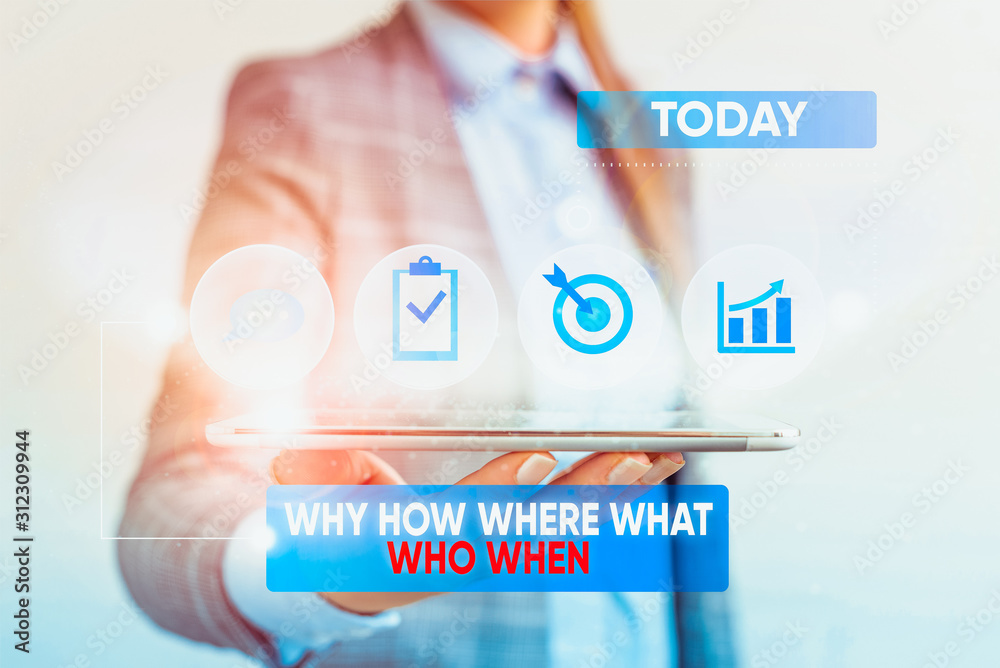 Obraz premium Conceptual hand writing showing Why How Where What Who When. Concept meaning Questions to find solutions Query Asking Female human wear formal work suit presenting smart device