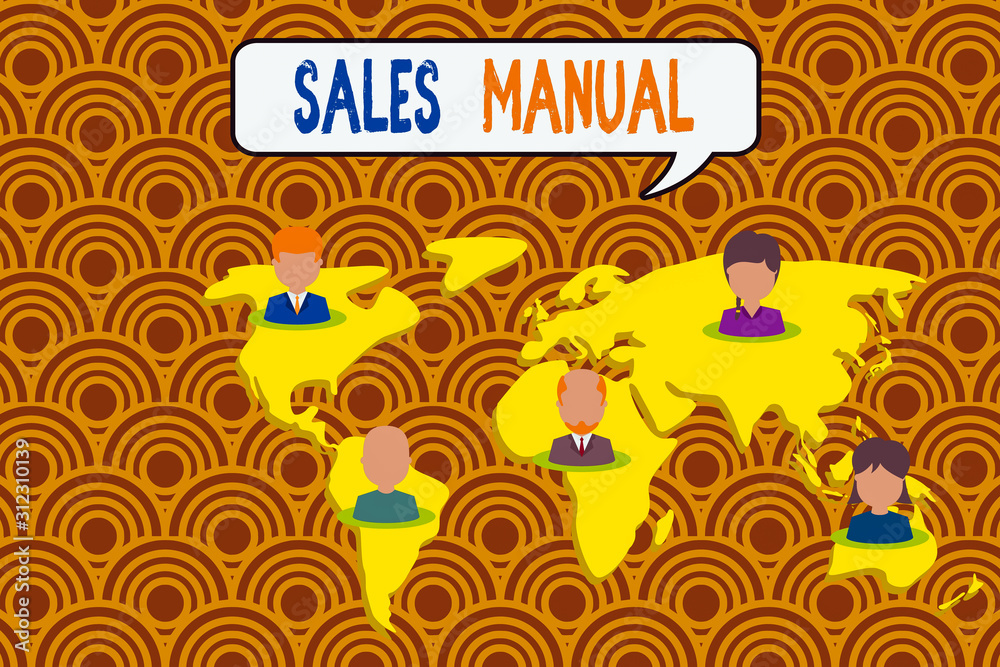Conceptual hand writing showing Sales Manual. Concept meaning set of printed materials containing product descriptions Connection multiethnic persons all Global business earth map
