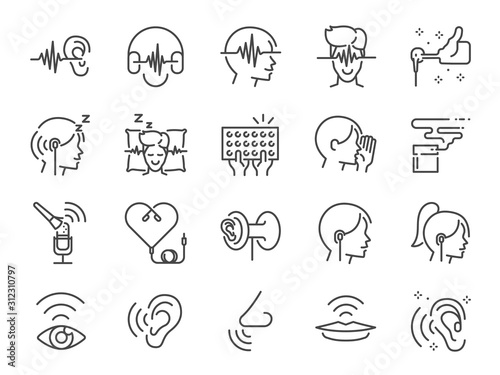 ASMR line icon set. Included icons as relax, relieve, sleep, sound, touch, feeling and more.