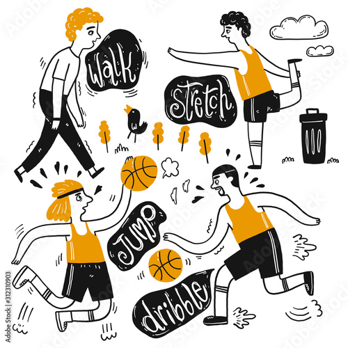 The drawing character of people are walk, jump. The appearance and lifestyle.