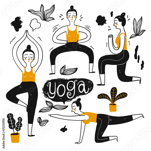The drawing character of people playing yoga.