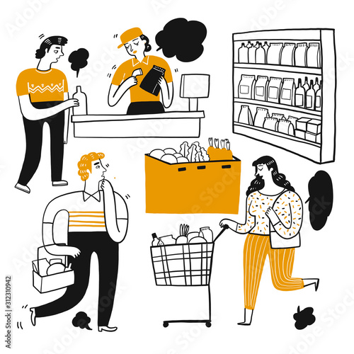 The drawing character of people in supermarket.