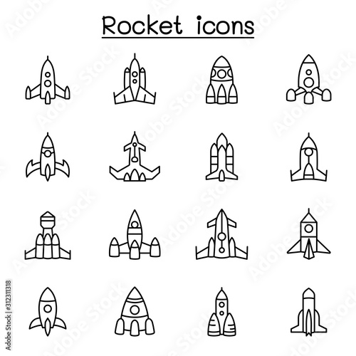 Rocket, spaceship, spacecraft icon set in thin line style