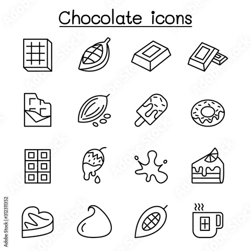 Cacao, Chocolate, Cocoa icon set in thin line style