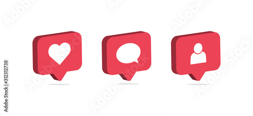 Social media notification icon. Follow, comment, like icon. 3d design. Vector illustration
