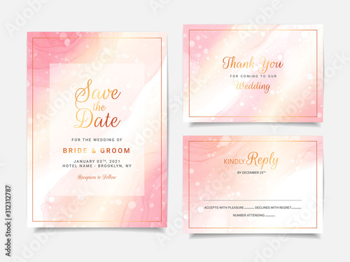 Elegant fluid wedding invitation card template set. Rose gold abstract background save the date, invitation, greeting card, cover, poster vector
