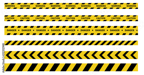 Caution and danger tapes. Warning tape. Black and yellow line striped. Vector illustration