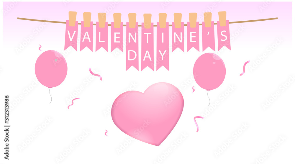 Expression of happiness design welcomes valentine's day. festive design with floating balloons and ribbons. love symbol in the middle, and the text above. vector