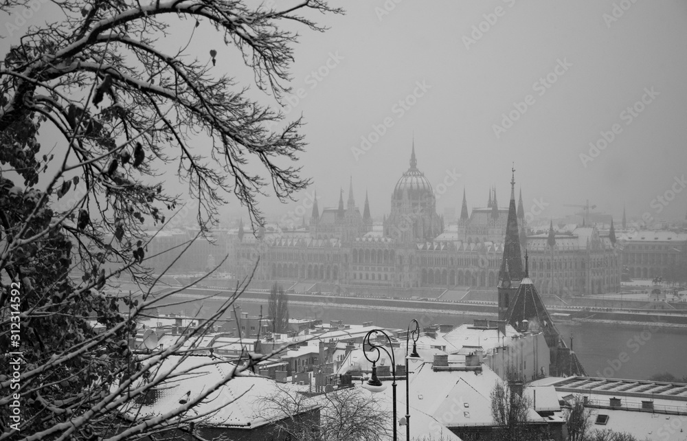 Hungarian parliament and Danube in snow, Budapest