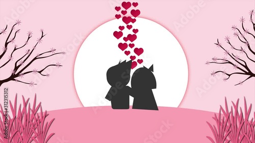 Couple sitting with moon view and love animation. Valentine's Day concept. Love sweet scene.