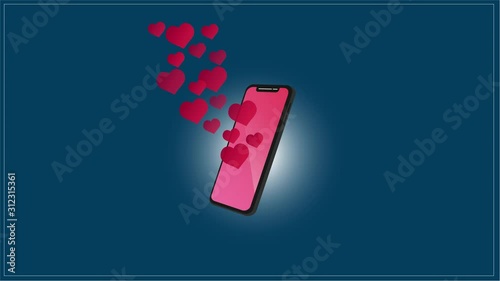 Animation of phone and love bubble. Valentine's Day concept.