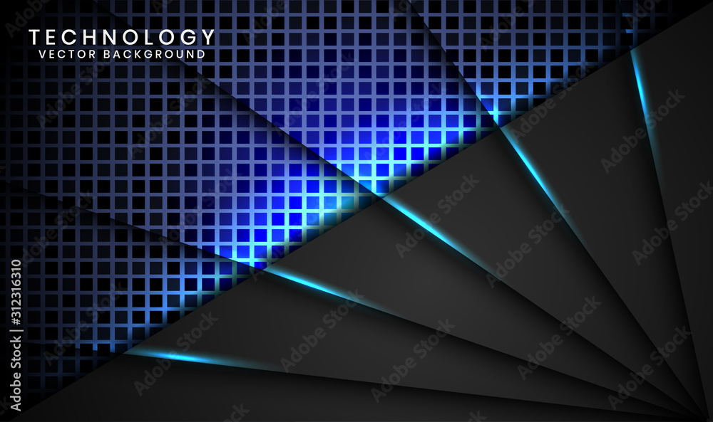 Modern abstract black technology background design template with random square for use element cover, banner, advertising, brochure, card, ect. Overlap layers 3D effect with blue light decoration. Modern abstract black technology background design template with random square for use element cover, banner, advertising, brochure, card, ect. Overlap layers 3D effect with blue light decoration.