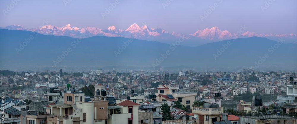 Kathmandu Valley Panorama with Himalaya Mountains in the Evening