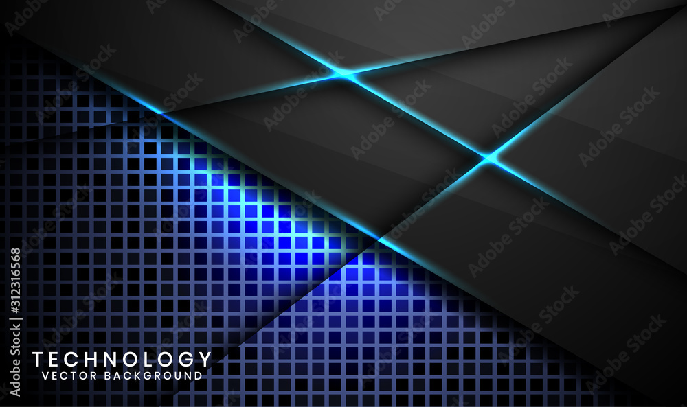 Modern abstract black technology background design template with random square for use element cover, banner, advertising, brochure, card, ect. Overlap layers 3D effect with blue light decoration. Modern abstract black technology background design template with random square for use element cover, banner, advertising, brochure, card, ect. Overlap layers 3D effect with blue light decoration.