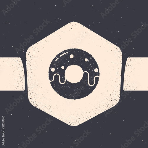 Grunge Donut with sweet glaze icon isolated on grey background. Monochrome vintage drawing. Vector Illustration