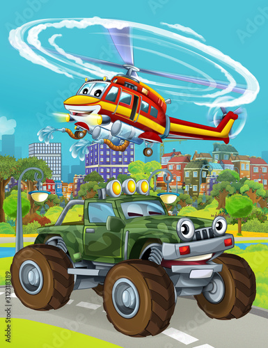 cartoon scene with military army car vehicle on the road and fireman helicopter flying over - illustration for children © honeyflavour