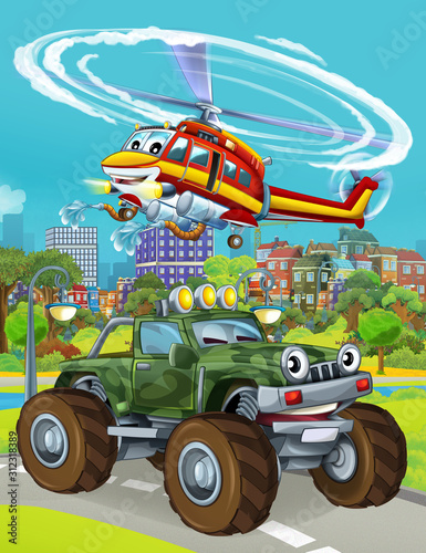 cartoon scene with military army car vehicle on the road and fireman helicopter flying over - illustration for children