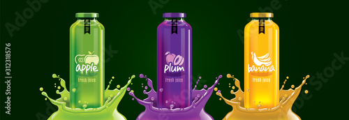 Fruit juice splash bottle set, apple, plum, banana sticker design.