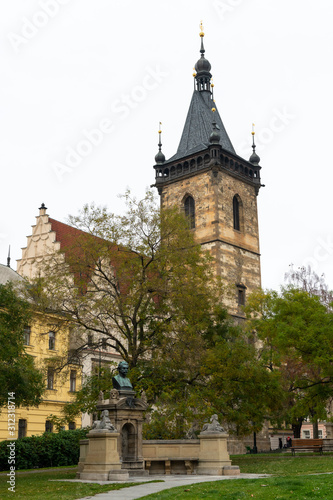 New Town Hall in Prague on a cloudy day in autumn