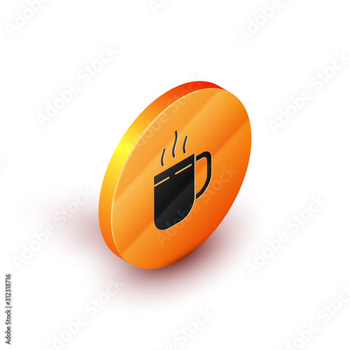 Isometric Coffee cup icon isolated on white background. Tea cup. Hot drink coffee. Orange circle button. Vector Illustration