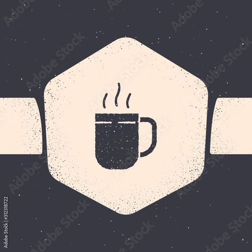 Grunge Coffee cup icon isolated on grey background. Tea cup. Hot drink coffee. Monochrome vintage drawing. Vector Illustration