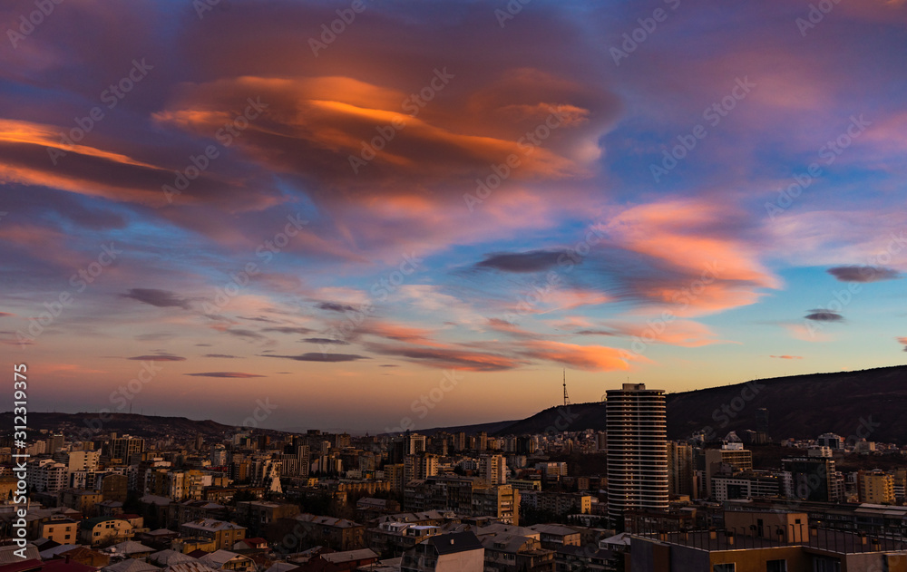 Beautiful  sky  in sunset time over Tbilisi's downtown