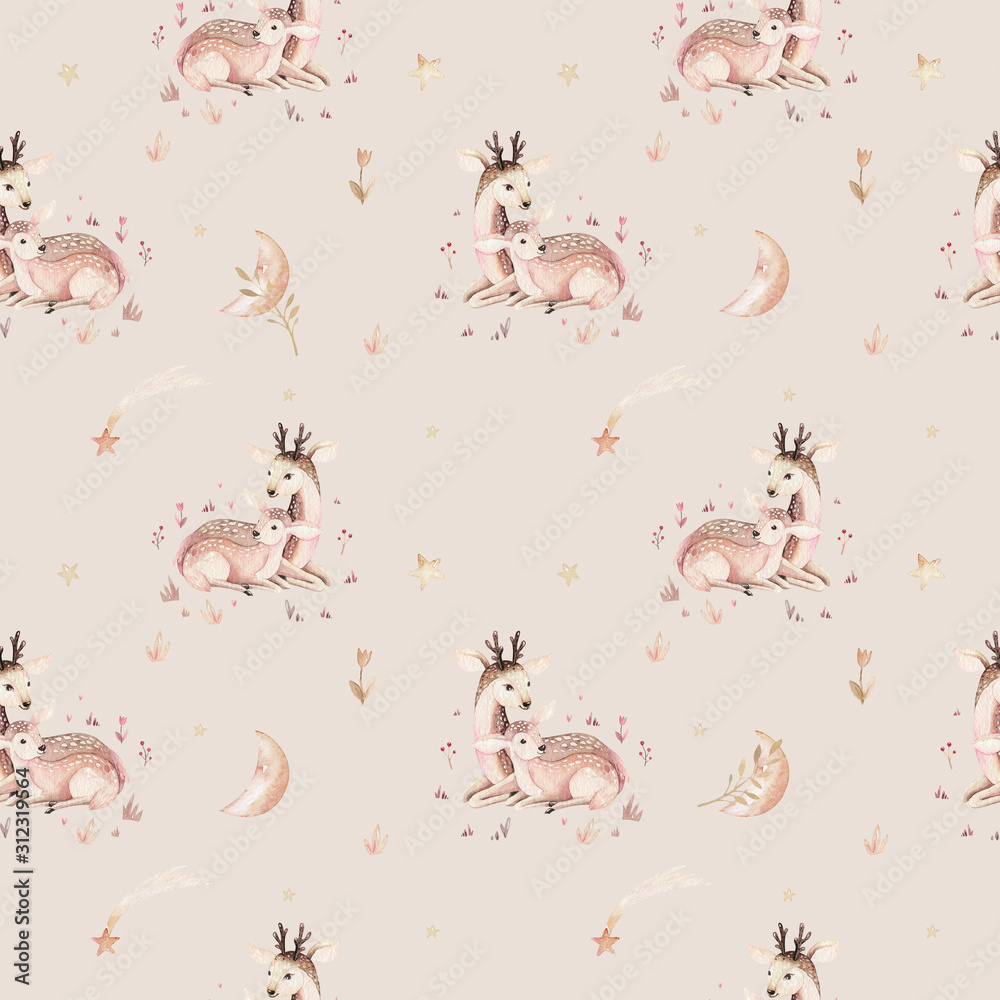 Watercolor baby and mother cartoon deer seamless pattern. Woodland cute deer hand drawn kid texture, background. Children funny painting. Fabric design Watercolor baby and mother cartoon deer seamless pattern. Woodland cute deer hand drawn kid texture, background. Children funny painting. Fabric design