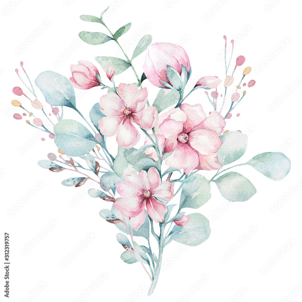 Fototapeta wreath of blossom pink cherry flowers in watercolor style with white background. Set of summer blooming japanese sakura branch decoration