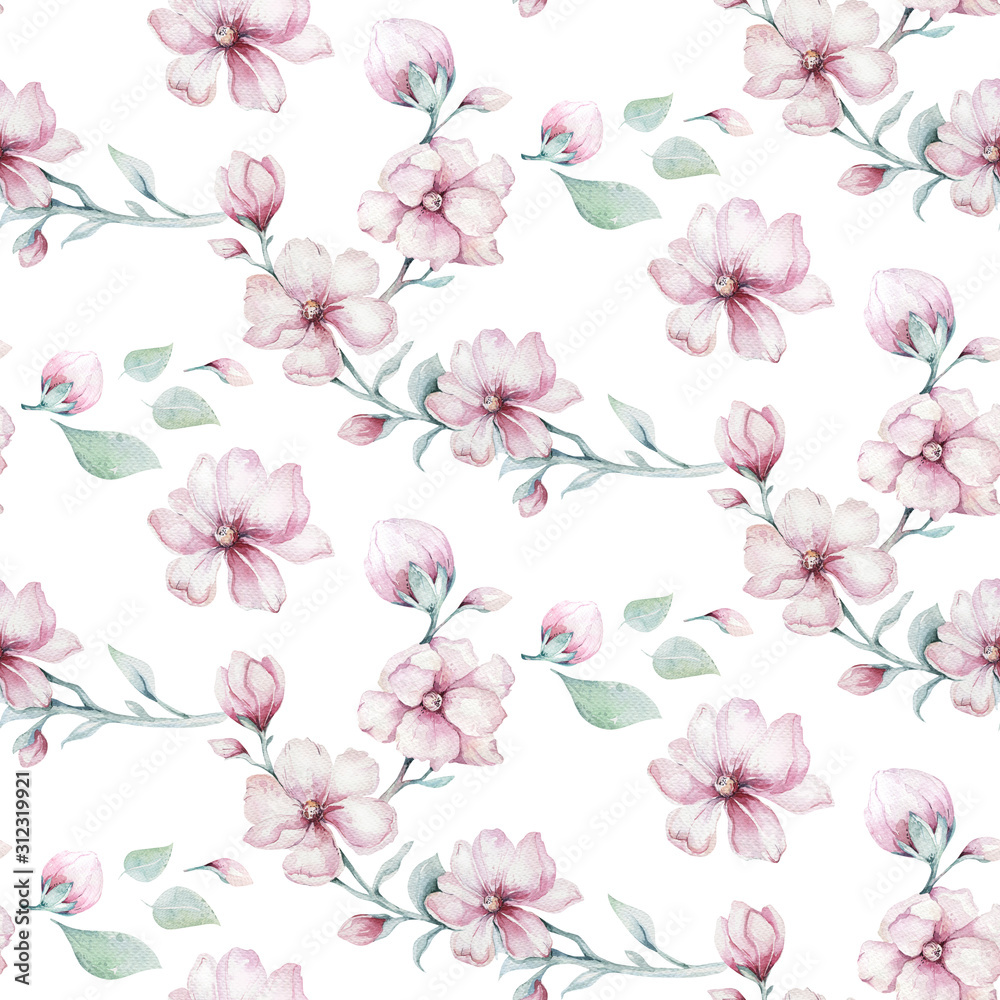 Fototapeta Seamless pattern of blossom pink cherry flowers in watercolor style with white background. Summer blooming japanese sakura branch decoration