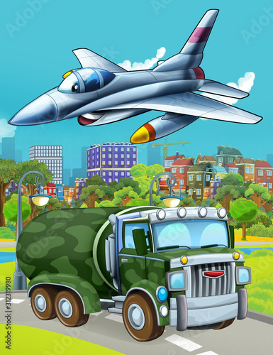 cartoon scene with military army car vehicle on the road and jet plane flying over - illustration for children