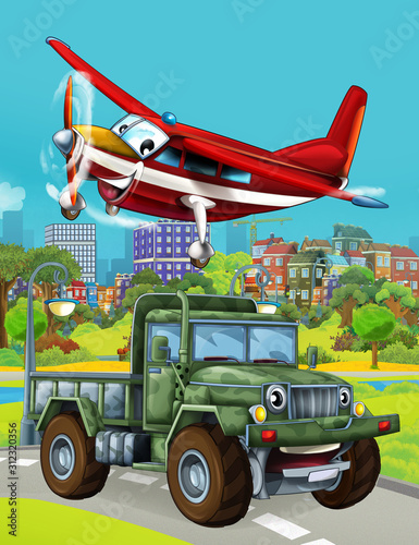 cartoon scene with military army car vehicle on the road and fireman plane flying over - illustration for children