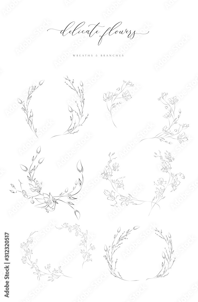 Collection of delicate line drawing vector floral wreaths frames. hand drawn delicate flowers, branches, leaves, blossom. Botanical illustration. Leaf logo - obrazy, fototapety, plakaty 