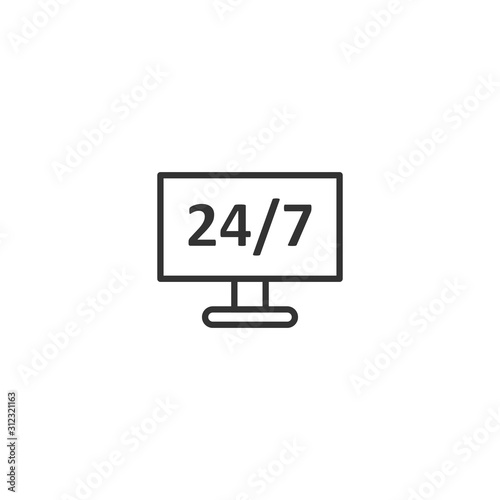 24/7 computer icon in flat style. All day service vector illustration on white isolated background. Support business concept.