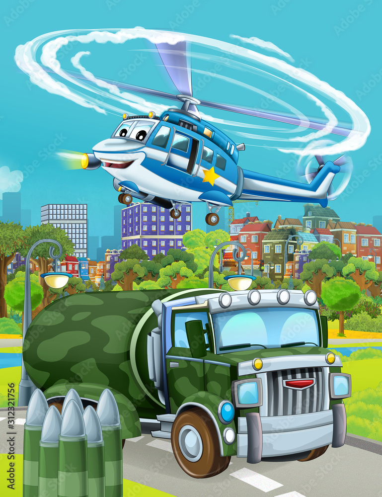 cartoon scene with military army car vehicle on the road and police helicopter flying over - illustration for children
