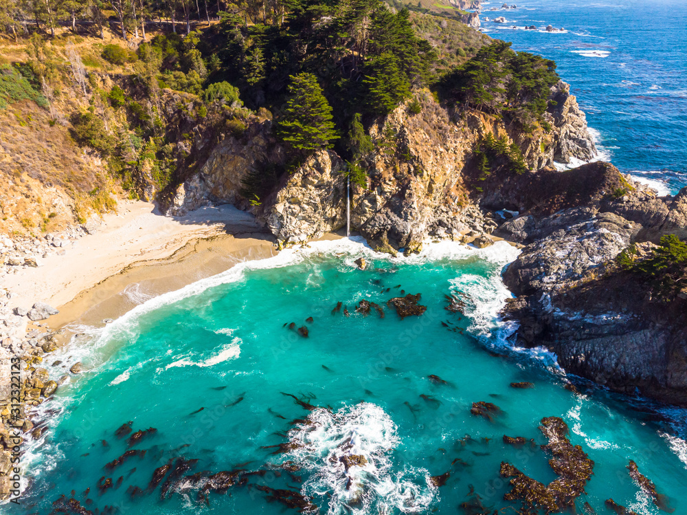 Drone view of Waterfall on Sea, California Big Sur, Drone Point of View, Blue Colors, Beautiful Nature