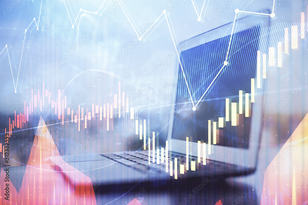 Stock market graph on background with desk and personal computer. Multi exposure. Concept of financial analysis. Stock market graph on background with desk and personal computer. Multi exposure. Concept of financial analysis.