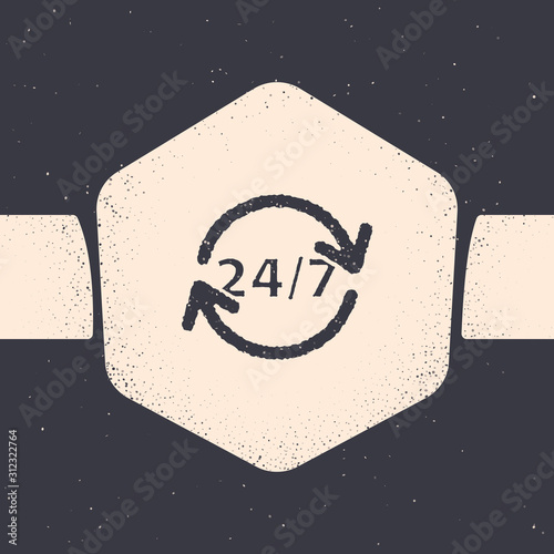 Grunge Clock 24 hours icon isolated on grey background. All day cyclic icon. 24 hours service symbol. Monochrome vintage drawing. Vector Illustration
