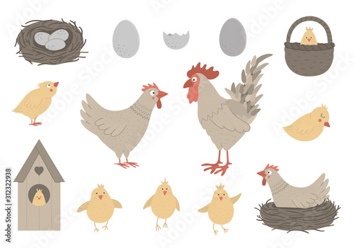 Vector set of cute funny hen and rooster with little chicks, eggs, nest. Spring or Easter funny illustration. Collection of design elements for Christian holiday.