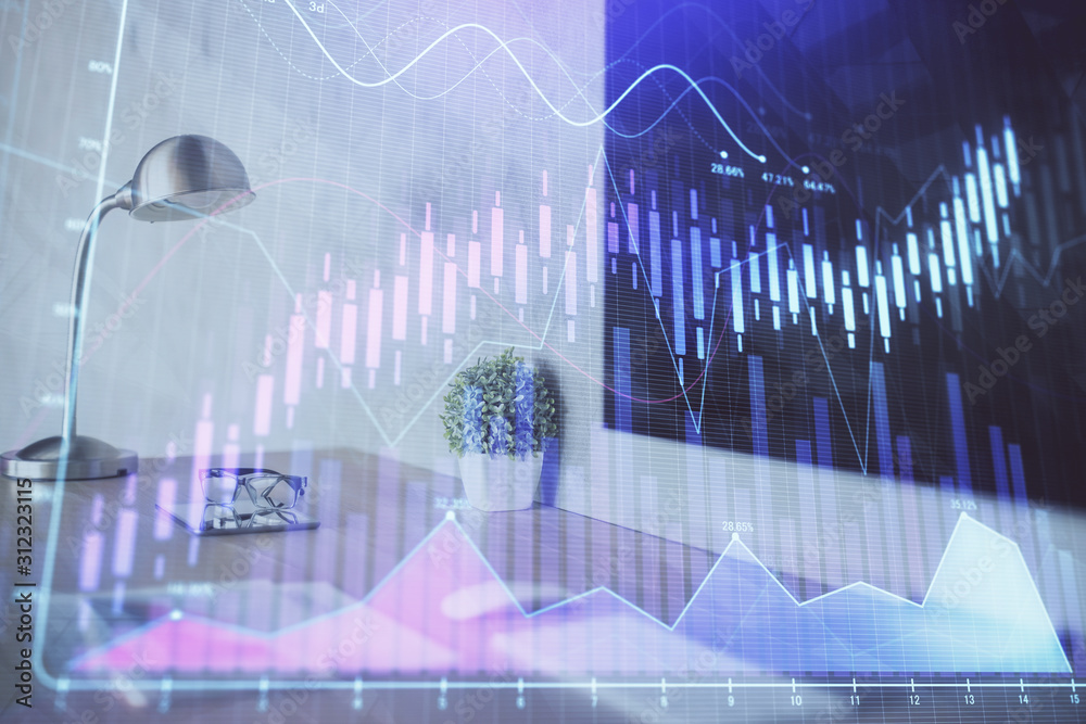 Stock market graph on background with desk and personal computer. Multi exposure. Concept of financial analysis. Stock market graph on background with desk and personal computer. Multi exposure. Concept of financial analysis.