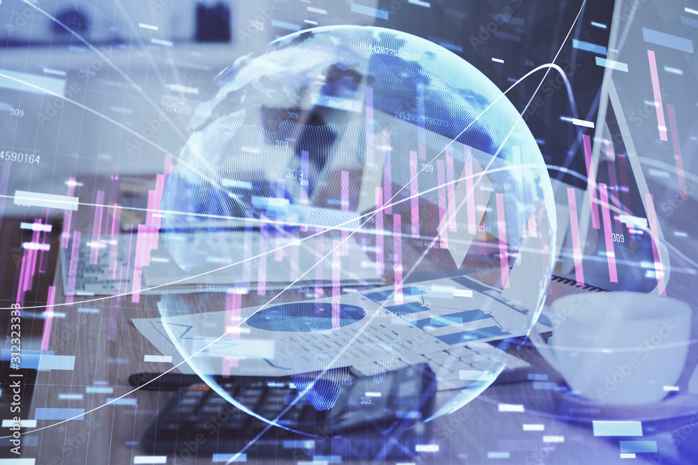 Financial graph colorful drawing and table with computer on background. Double exposure. Concept of international markets. Financial graph colorful drawing and table with computer on background. Double exposure. Concept of international markets.
