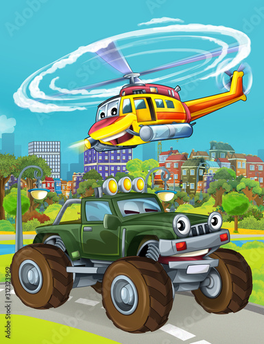 cartoon scene with military army car vehicle on the road and rescue or fireman helicopter flying over - illustration for children