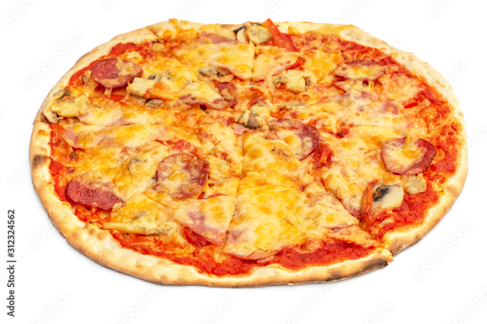 Round pizza on white background.