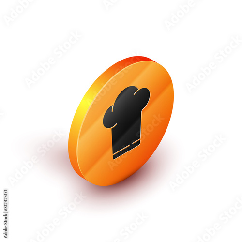 Isometric Chef hat icon isolated on white background. Cooking symbol. Cooks hat. Orange circle button. Vector Illustration