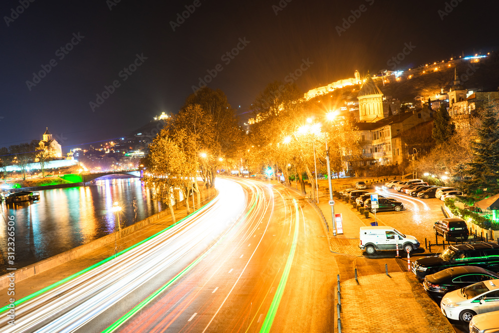 Night view of Tbilisi city downtown