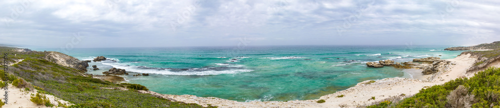 Panorama of the coast of De Hoop Nature Reserve with turquoise ocean and lonely beaches, South Africa