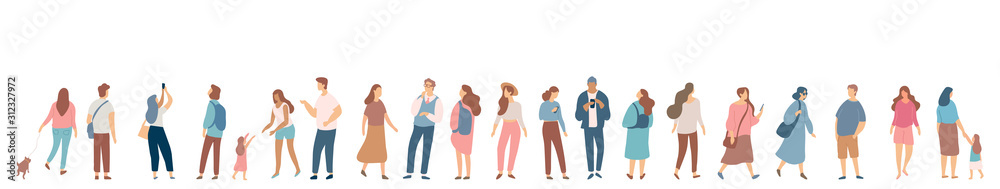 People crowd. Background people vector horizontal banner. Men and women, parents, kids walking outdoor. - obrazy, fototapety, plakaty 
