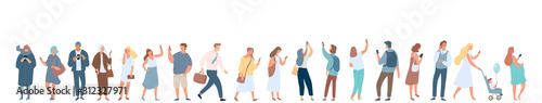 People crowd with gadgets. Background city people vector horizontal banner. Men and women using phones.