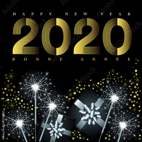 2020-Carte d’ambiance de fêtes nocturnes avec des cierge magiques et des cadeaux - Texte Français, anglais, traduction : bonne année.